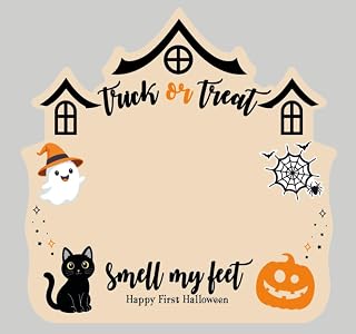 Baby Footprint Sign - Halloween Keepsake - Trick or Treat Smell My Feet | 9.1" x 9.1" Wooden Sign, Smooth Paint-Ready Surface, Freestanding Wooden Base, Solid Wood Construction, Halloween Baby Gifts