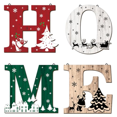 clothmile 4 Pcs Wood Home Sign Christmas Wall Decor Christmas Rustic Theme Wall Sign for Home Letters Hanging Wall Decor Art Signs Wooden Wall Art for Living Room Kitchen Bedroom Decor (Christmas)