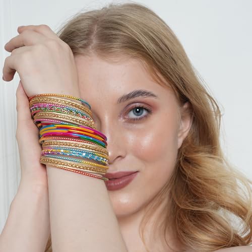 Touchstone Stunning Rainbow Multicolor Bangle Collection. Indian Bollywood Colorful Bangle Bracelet Set of 24 In Antique Gold Tone For Women.4