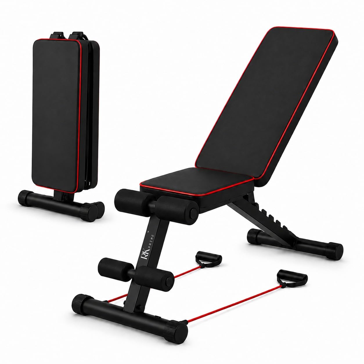 RK Prime™ Commercial Grade Adjustable And Foldable Gym Bench Incline,Decline & Flat 250 Kg Capacity Fitness Gym Bench with Resistance Ropes For Home Workout,Premium Leather Adjustable Multi-Purpose Machine - Black-image-14