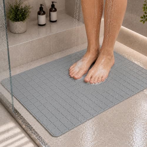 Image of HOMEZE Anti-Slip Bathroom Floor Mat for Elderly & Kids - Elevate Your Bathing Experience - 82 x 42 cm Anti-Skid Safety Shower Mat with Heavy-Duty Suction Grips, Checker Texture & Drain Holes - Grey