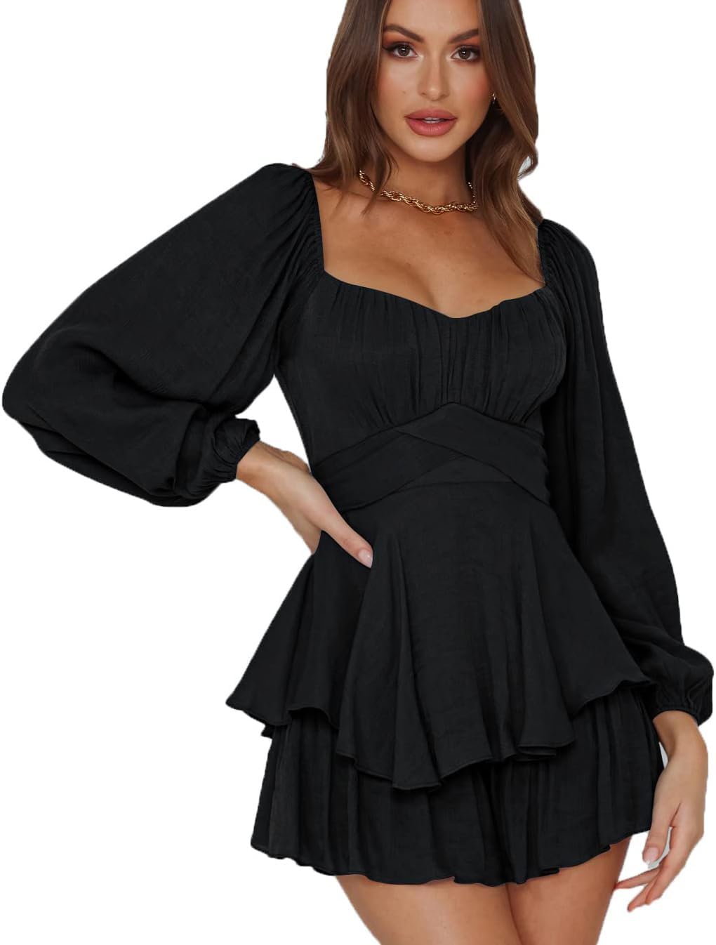 Plustrong Womens Latern Long Sleeve Ruffle Layer Romper Dress Boho Square Neck Short Mini Jumpsuits