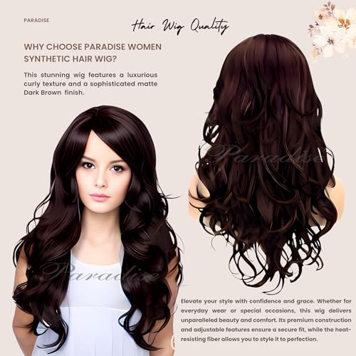 Image of Paradise Hair Wig for Women Long Brown With Burgundy Highlights Wig for Women 28'' Long Straight Brown Hair Wig Natural Cute Wigs for Daily Party Halloween (Includes 2 Wig Cap And 1 Carry Pouch) (Dark Brown)