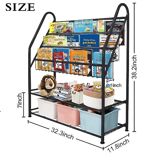 Image of aboxoo Metal Kids Bookshelf Black Large Freestanding for Children Room 32 in Toy Organizer Large Stable Bookcase Bookstore Library Book Unit Storage Kids Bed Living Room