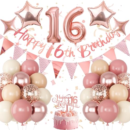 Image of Jobkoo Girls 16th Birthday Decorations, Retro Pink Nude Sweet 16 Balloon Set Happy 16th Birthday Banner Cake Topper Dusty Pink Beige Rosegold Star Balloons for Boho 16 Year Old Bday Party Decoration