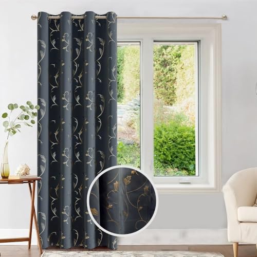 Image of Urban Space 80-85% True Blackout Curtains for Window, Gold Foil Printed Blackout Curtains, Decorative Window Curtain Eyelet with Tieback, 1 Piece Curtain for Living Room(Floral Vine Grey, 5 Feet)