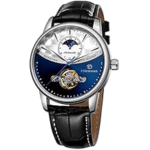Carlien Automatic Watch for Men Tourbillon Skeleton Watch Moon Phase Waterproof Mechanical Gold Watch Silver Blue