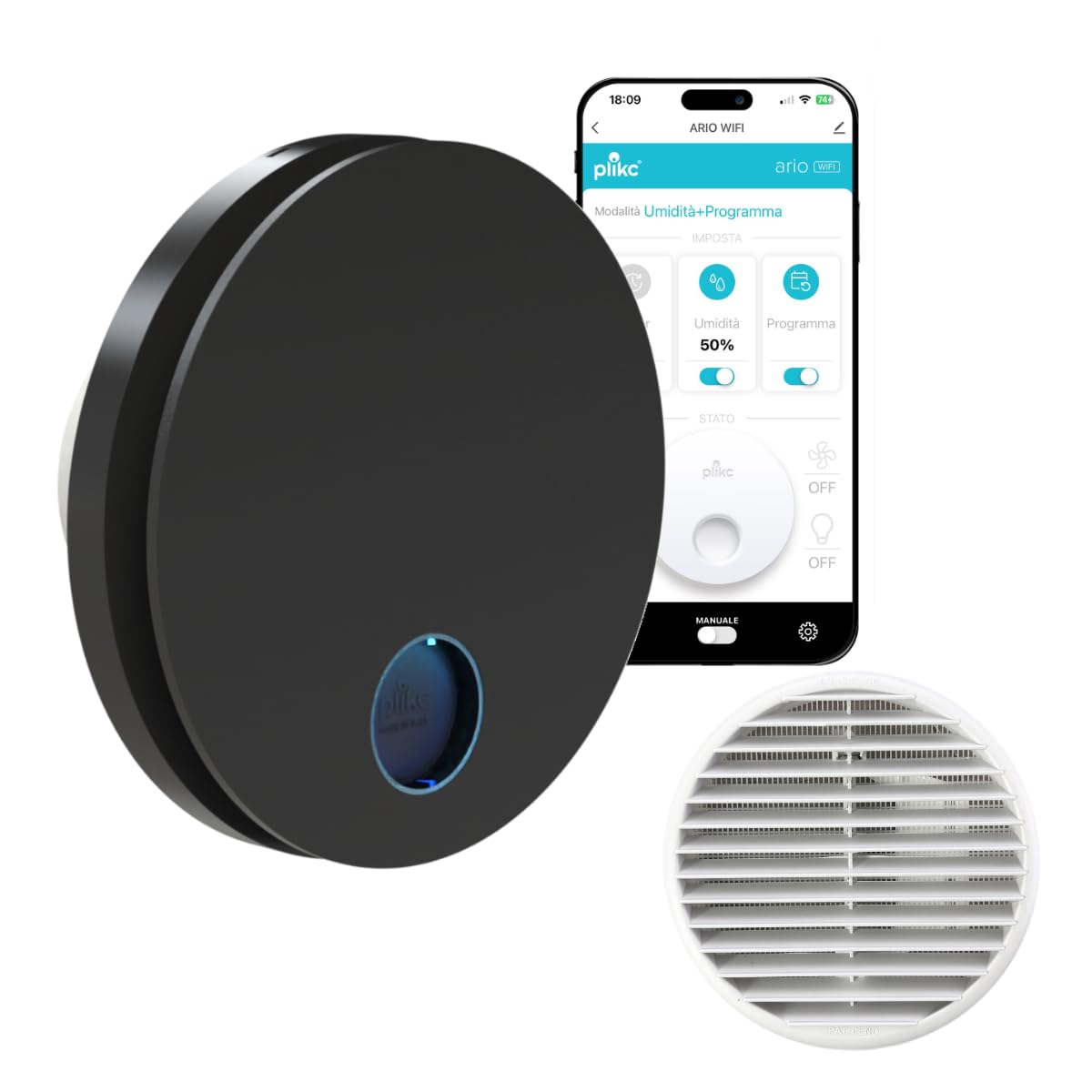 plikc - Ventilador de pared WIFI con aspiración axial serie Ario W con sensor de humedad y temporizador - 100% Made in Italy + rejilla de pared (oro Ø 98, negro)