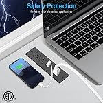 Barre de puissance encastrée USB C 20W Chargeur rapide, HEZI Bande de puissance de montage Flush avec 3AC Sorties et 3 USB Ports, sortie de meubles pour armoire de bureau de tiroirs (noir, 3M)