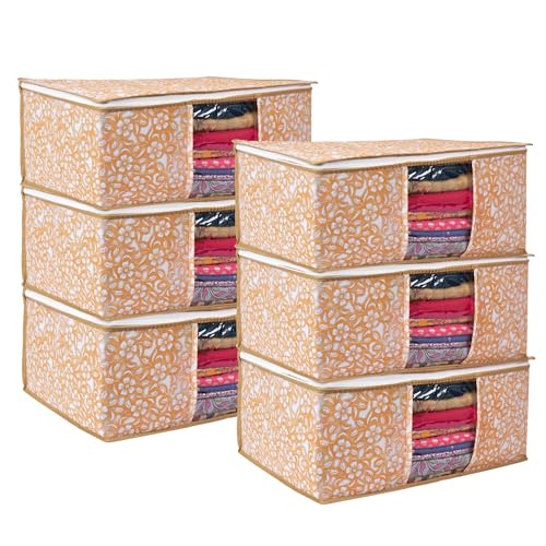 Image of Non-Woven Printed Saree Covers - Cloth Storage /Wardrobe with Transparent Window, Zipper Closure (YELLOW PACK OF 6)