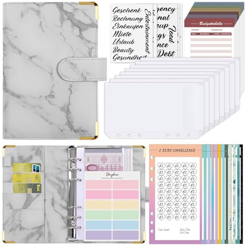 SKYDUE Budget Planner Deutsch, Spar Challenge Für Budget Planer,A6 PU Budget Für Beginner Mit Geld Organizer, Haushaltsbuch Mit Geldfächer, Bugetplaner Deutsch Startset(MarmorGrau)