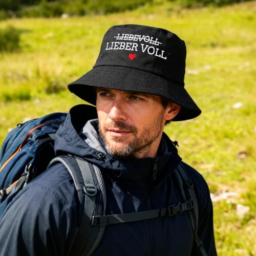 HUKUMA Fischerhut Damen, Anglerhut Herren, Lustige Hüte für Festival Accessoires, Schwarz Mallorca Sommerhut mit Spruch, Malle Bucket Hat Festivalhut für Herren Damen