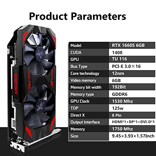 Aisurix Gaming Gtx 1660 Super Graphics Card 6Gb Gdrr6 192Bit, Pcie 3.0X16 With 1530 Mhz Gpu Clock, Twin Freeze Fans Video Card With Hdmi/Dp/Dvi Ports,Support 4K And 8K Hd For Computer Pc Gaming #TOP1