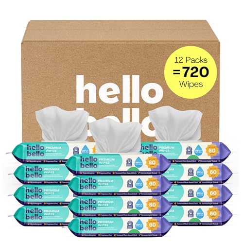 Image of Hello Bello Premium Fragrance-Free Baby Wipes, with Chamomile & Aloe Extracts for Sensitive Skin - 12 Resealable Packs = 720 Total Wipes