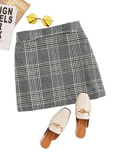 Floerns Women's Plaid High Waist Bodycon Mini Skirt Grey Plaid L