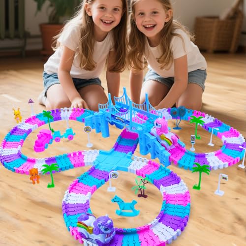 Tracks Car Toys Set for 2 3 4 5 6 7 Year Girl Toddler, 248 PCS Pink Magic Bendable Race Track Toy with 1Unicorn Car Toy and 1 Pink Train, Birthday Gift Idea for Kid - Thumbnail 7