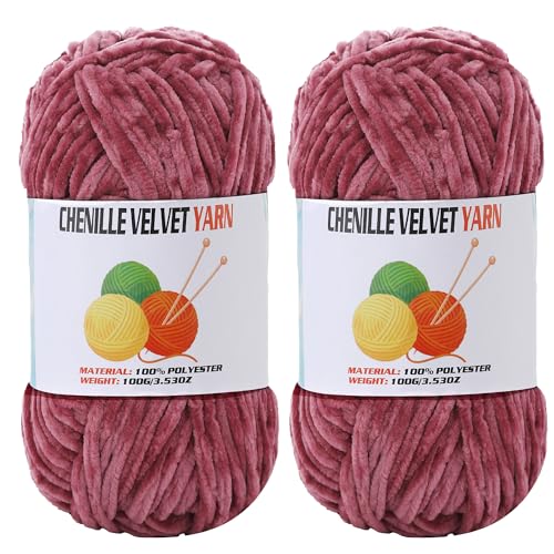 Image of 2 * 100g Velvet Chenille Chunky Yarn, Handcrafts Weaving Soft Chenille Yarn for Crocheting Clearance, Used for Making Baby Yarn Blanket, Clothes, Knitting Creations (Pomegranate)