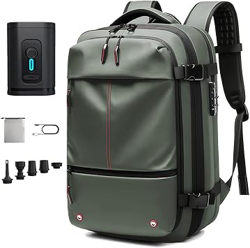 Travel Vacuum Backpack,60L Expandable Compression,TSA Lock,with Air Pump Set,Fits 17" Laptop for Business&Trip,Dark Green