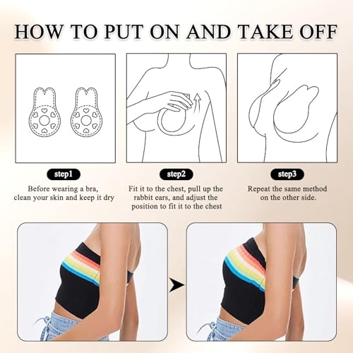 2 Pairs Invisible Lift Up Bra,Push Up Adhesive Bras,Rabbit Ears Sticky for Large Breasts,Reusable Breast Covers for Strapless Dress Lift,for Different Outfits and Occasions (Black,Skin Color)3