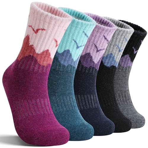 EBMORE Womens Merino Wool Hiking Socks Thermal Warm Winter Boot Crew Cushion Work Gift Socks 5 Pairs(Dark Gray/Black/Rose Red,M)