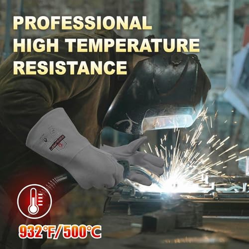 Intra-FIT Leder Grillhandschuhe Kaminhandschuhe–Hitzebeständig bis 500 °C,feuerfestes Rinds-Spaltleder,EN407 & EN388,Lange Stulpen für Ofen, Feuerstelle, Schweißen, Schmiede, BBQ & Feuerwehr(Grau,L)