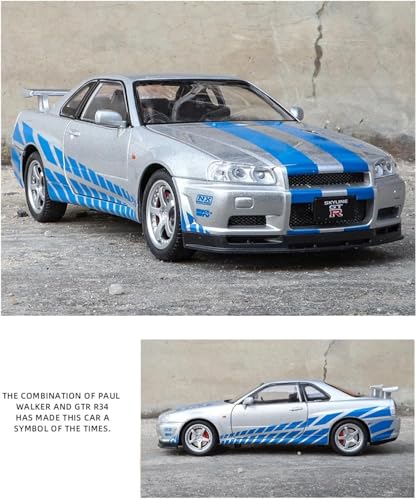 Image of 1:24 Nissan GT R34 Skyline Die-Cast Car Toy - Alloy Pullback Model with Lights, Sound & Opening Doors - Realistic Sports Car Toy for Kids & Collectors White