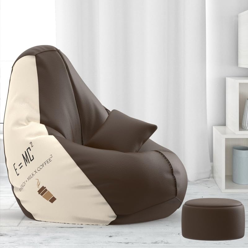 Image of Biggie Bean Bag Chair with Beans Filled - Bean Bag Sofa with Footrest - E=Mc2 Brown Cream Printed Bean Bags for Living Room, Bedroom - Free Cushion & Footrest - Beancanvas Combo - Faux Leather, 4XL