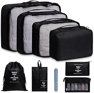 OrgaWise Packing Cubes 8 PCS Essentials Bag for Travel Waterproof Polyester Storage Suitcase cubes Luggage Travel Storage Bags with extra toothbrush case (9-pcs-Black)