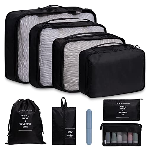 OrgaWise Packing Cubes 8 PCS Essentials Bag for Travel Waterproof Polyester Storage Suitcase cubes Luggage Travel Storage Bags with extra toothbrush case (9-pcs-Black)