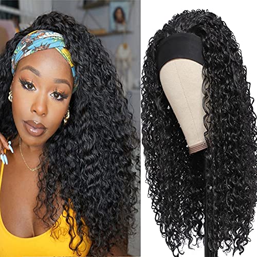 Headband Wig Human Hair Curly headband Wigs for Black Women Water Wave Headband Human Hair Wigs 150% Density Glueless Machine Made Wigs with 2 Fashion Headbands Natural Color 18 Inch