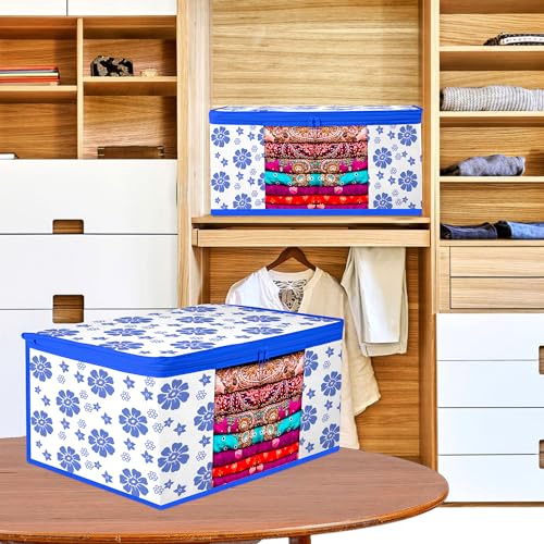 Image of Kuber Industries Saree Cover | Saree Bag | Wardrobe Organizer for Storage Dress and Salwar | Flower-Design | 9 inch | Pack of 3 | Blue