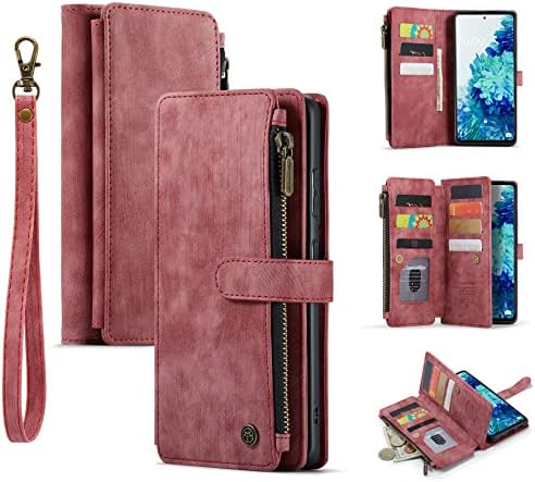 DEFBSC Case for Samsung Galaxy S20 FE, Multi-Cards Zipper Wallet Phone Case with Lanyard, Premium PU Leather Wallet Case with 9 Card Slots Kickstand Magnetic Zipper Flip Cover Protective Case - Red