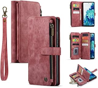 DEFBSC Case for Samsung Galaxy S20 FE, Multi-Cards Zipper Wallet Phone Case with Lanyard, Premium PU Leather Wallet Case with 9 Card Slots Kickstand Magnetic Zipper Flip Cover Protective Case - Red