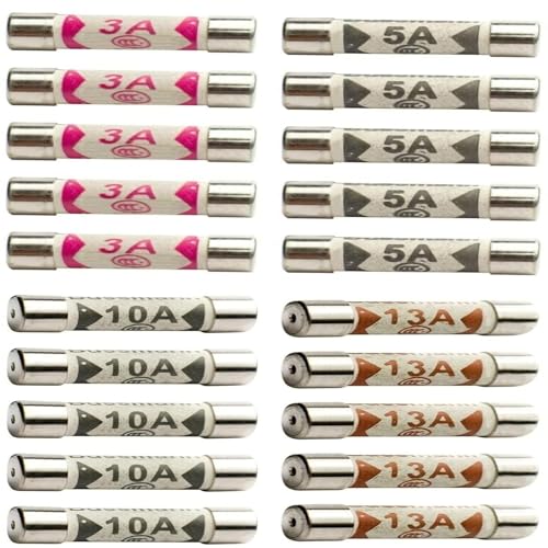 20 x Mixed Household Fuses, Domestic Consumer Unit Fuses Versatile Household Fuse: 3A, 5A, 10A, 13A UK Ceramic Tube & Consumer 240V/250V 6.3x25mm - Ideal for UK Electrical Appliances and Plug Safety