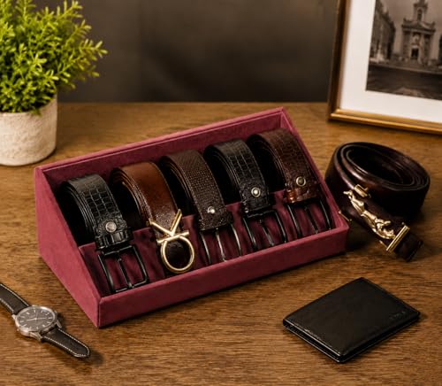 Image of La Trove 5 Slot Belt Organizer Display Tray for Men, Dark Pink | Stackable tray keeps formal, casual and leather belts arranged neatly in wardrobe, closet, drawer, dresser or dressing table