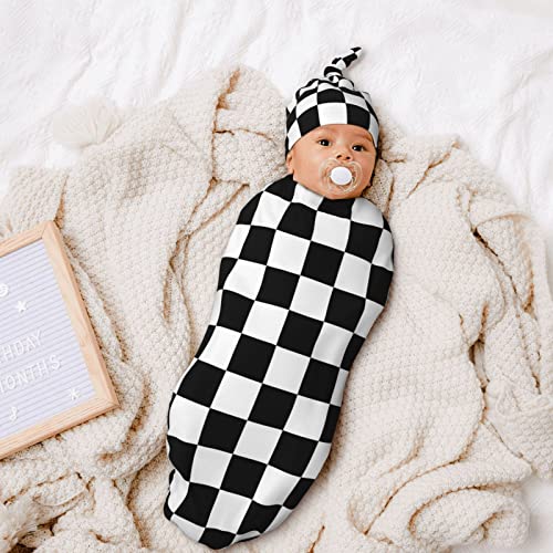 Ykklima Black White Race Checkered Flag Pattern Baby Newborn 100% Cotton Swaddle Blanket With Beanie Hat Set Cotton Receiving Blankets Sleep Sack For Girls Boys Infant Gifts #TOP2