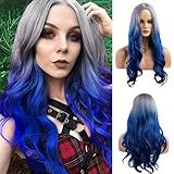 Beweig Long Curly Wavy Silver Grey to Blue Wig Middle Part Natural Looking Synthetic Cosplay Wig for Women …