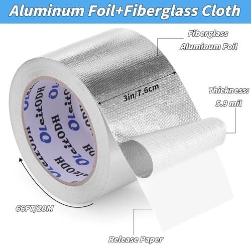 Image of Oleitodh 6 Pack Aluminum Foil Fiberglass Tape 3 Inch x 66 FT HVAC Heat Tape | Reflective Foil, Self-Adhesive, Heat Resistant, HVAC Ducts, Furnace, Dryer Vent, Engine Bay, Insulation Repair