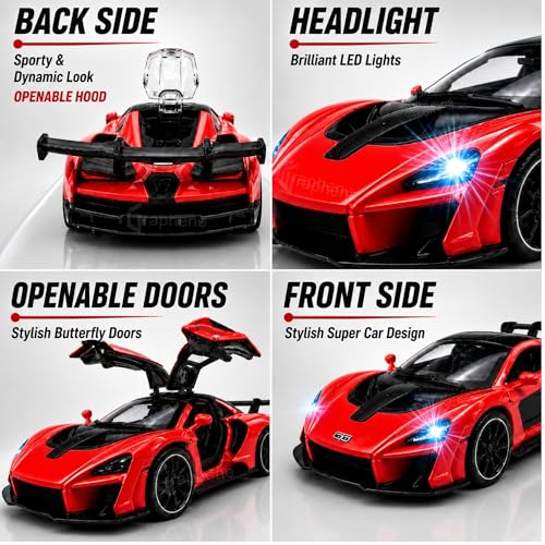 Image of GRAPHENE 1:32 Scale Diecast Pullback Metal Toy Car for Kids High Speed Premium Realistic Model Sports Car Friction Powered Miniature Racing Openable Doors Light Music Best Gift For 2+ years Boys Girls