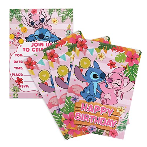 Convites de aniversário para crianças, 30 peças cartões de convite de lilás Stitch para crianças, conjunto de convites decorações de festa, cartões de convite para aniversários de meninos e meninas
