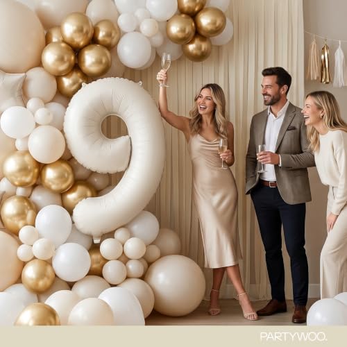 Image of PartyWoo Beige Number 9 Balloon 40 Inch 25pcs White Sand Foil Star Gold
