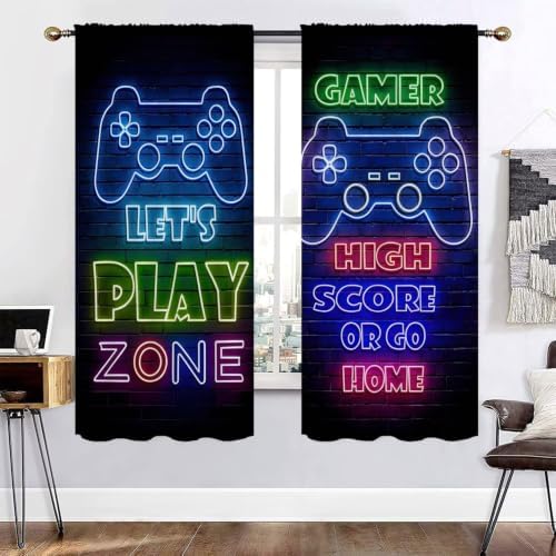 GY Gamepad Gamer Curtains, Rod Pocket Top Blackout Curtains/Drapes Video Games Controller Neon Sign Design Energy Efficiency Curtains Black Out Curtains 55x63 Inch