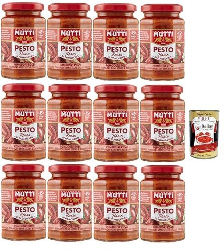 Mutti Pesto Rosso Pomodori Rossi Rotes Tomatenpesto Pasta Sauce 100% italienische Tomate Glas 12x 180g Würzsaucen mit Mandeln, Tomaten,getrockneten Samen und Grana Padano + Italian Gourmet polpa 400g