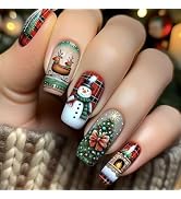 Christmas Press on Nails Medium Square Shaped Fake Nails with Winter Snowman Elk Xmas Tree Design...
