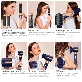Sèche Cheveux Air Styler 7 en 1, Seche -Cheveux avec Diffuseur, 3 Températures, Fer à Boucler à Air de 30 mm,Pour Lisser, Boucler les Cheveux,1400W Hair Styler Professionnel Multifonctionnel