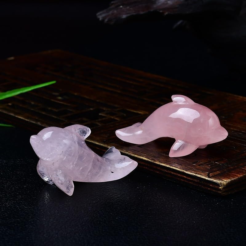 Natural Rose Quartz Dolphin Crystal Figurine – Hand-Carved Raw Stone Sculpture, Healing Crystal Energy Ornament for Home Office Décor and Meditation
