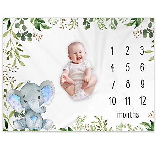 Image of Yuzioey Baby Monthly Milestone Blanket Elephant, Safari Elephant Baby Photo Blanket, Gift for New Moms Baby Shower, Watch Me Grow Baby Boy Greenery Elephant Nursery Décor, includes Marker (50"x40")