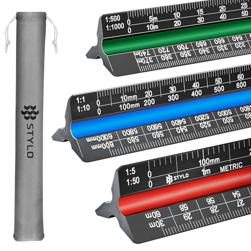 Aluminum Architect Scale - 30cm Laser Etched Triangle Drafting Ruler with Colour Coded Grooves for Blueprint Drafting - Architectural Scale (Black Metric Units)