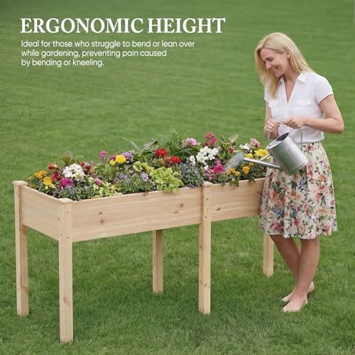 Image of DUMOS Raised Garden Bed 72x23x30 Inch, Outdoor Planter Box with Legs, Elevated Wood Garden Bed with Liner for Herbs Flowers Vegetables, Wooden Planter Box for Patio, Balcony, Backyard, Natural Wood