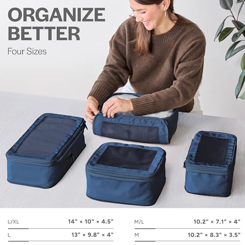 Image of Aerotrunk Compression Packing Cubes for Travel - Luggage Organizer Bags - Double Zipper Packing Cubes for Suitcases (4-Pack, Dark Blue)